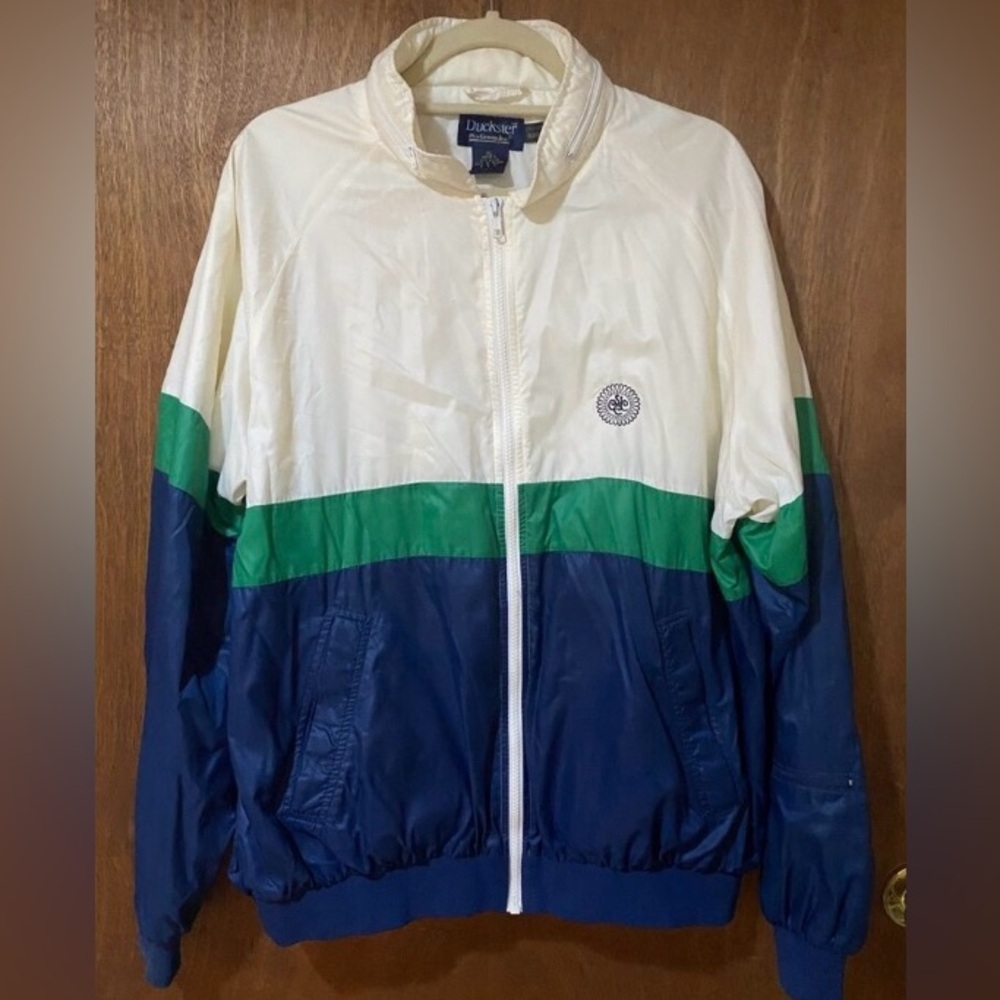 Vintage Duckster Men's XL Blue and Green windbreaker jacket.VTG Rare lightweight